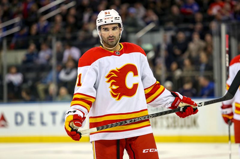 Feb 6, 2023; New York, New York, USA; Calgary Flames center Nazem Kadri (91) during the third period against the New York Rangers at Madison Square Garden. Mandatory Credit: Danny Wild-USA TODAY Sports