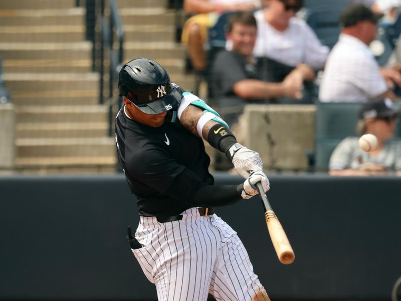 Mar 13, 2024; Tampa, Florida, USA; New York Yankees second baseman Gleyber Torres (25) hits a home run during the fifth inning against the Boston Red Sox at George M. Steinbrenner Field. Mandatory Credit: Kim Klement Neitzel-USA TODAY Sports