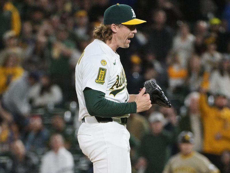 Apr 8, 2025; West Sacramento, California, USA; Athletics pitcher Tyler Ferguson (44) celebrates after defeating the San Diego Padres at Sutter Health Park. Mandatory Credit: Ed Szczepanski-Imagn Images