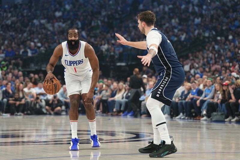 DALLAS, TX - APRIL 28: James Harden #1 of the LA Clippers handles the ball during the game against the Dallas Mavericks during Round 1 Game 4 of the 2024 NBA Playoffs on April 28, 2024 at the American Airlines Center in Dallas, Texas. NOTE TO USER: User expressly acknowledges and agrees that, by downloading and or using this photograph, User is consenting to the terms and conditions of the Getty Images License Agreement. Mandatory Copyright Notice: Copyright 2024 NBAE (Photo by Glenn James/NBAE via Getty Images)