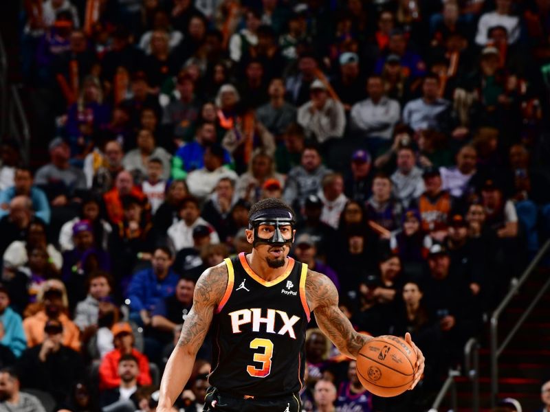 PHOENIX, AZ - FEBRUARY 6:  Bradley Beal #3 of the Phoenix Suns handles the ball during the game  on February 6, 2024 at Footprint Center in Phoenix, Arizona. NOTE TO USER: User expressly acknowledges and agrees that, by downloading and or using this photograph, user is consenting to the terms and conditions of the Getty Images License Agreement. Mandatory Copyright Notice: Copyright 2024 NBAE (Photo by Barry Gossage/NBAE via Getty Images)