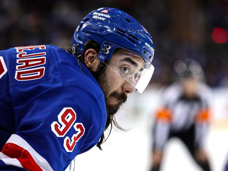 Nov 25, 2024; New York, New York, USA; New York Rangers center Mika Zibanejad (93) awaits a faceoff against the St. Louis Blues during the second period at Madison Square Garden. Mandatory Credit: Danny Wild-Imagn Images
