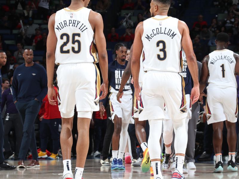 NEW ORLEANS, LA - FEBRUARY 25: Trey Murphy III #25 talks to CJ McCollum #3 of the New Orleans Pelicans during the game against the San Antonio Spurs on February 25, 2025 at the Smoothie King Center in New Orleans, Louisiana. NOTE TO USER: User expressly acknowledges and agrees that, by downloading and or using this Photograph, user is consenting to the terms and conditions of the Getty Images License Agreement. Mandatory Copyright Notice: Copyright 2025 NBAE (Photo by Layne Murdoch Jr./NBAE via Getty Images)