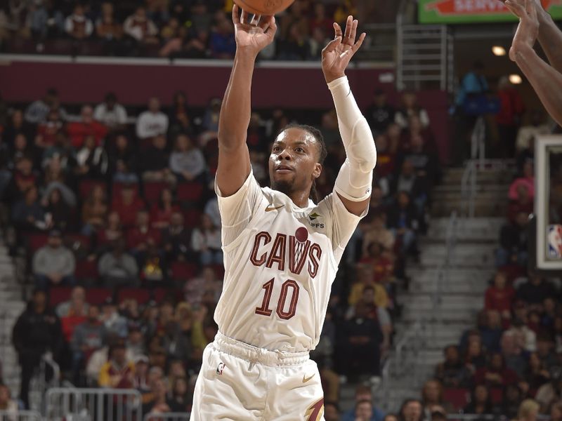 CLEVELAND, OH - NOVEMBER 9: Darius Garland #10 of the Cleveland Cavaliers three point basket during the game against the Brooklyn Nets on November 9, 2024 at Rocket Mortgage FieldHouse in Cleveland, Ohio. NOTE TO USER: User expressly acknowledges and agrees that, by downloading and/or using this Photograph, user is consenting to the terms and conditions of the Getty Images License Agreement. Mandatory Copyright Notice: Copyright 2024 NBAE (Photo by David Liam Kyle/NBAE via Getty Images)