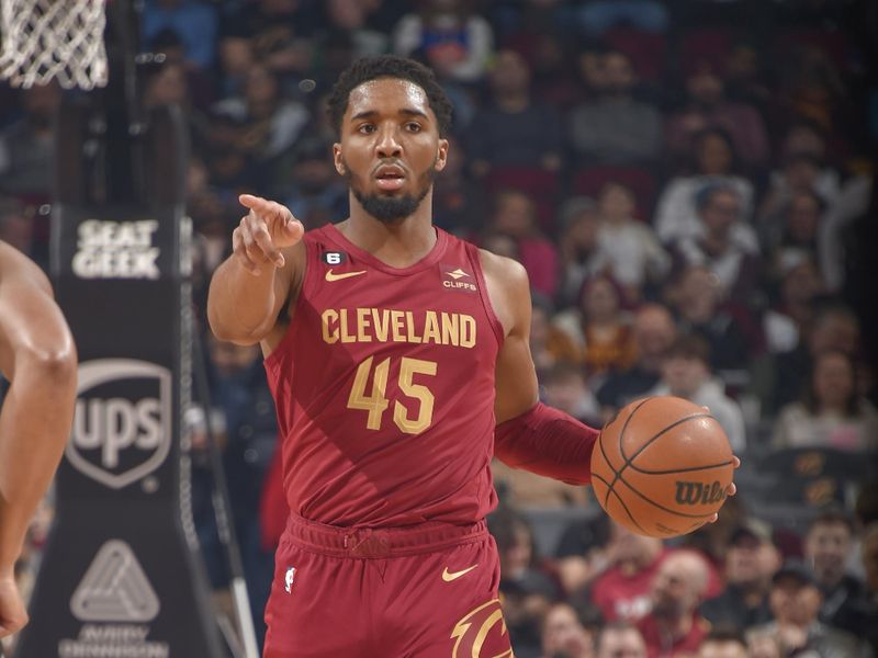 CLEVELAND, OH - FEBUARY 13:  Donovan Mitchell #45 of the Cleveland Cavaliers goes to the basket during the game on Febuary 13, 2023 at Rocket Mortgage FieldHouse in Cleveland, Ohio. NOTE TO USER: User expressly acknowledges and agrees that, by downloading and/or using this Photograph, user is consenting to the terms and conditions of the Getty Images License Agreement. Mandatory Copyright Notice: Copyright 2023 NBAE (Photo by David Liam Kyle/NBAE via Getty Images)