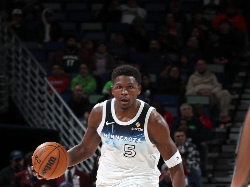 NEW ORLEANS, LA - JANUARY 7: Anthony Edwards #5 of the Minnesota Timberwolves brings the ball up court during the game against the New Orleans Pelicans on January 7, 2025 at the Smoothie King Center in New Orleans, Louisiana. NOTE TO USER: User expressly acknowledges and agrees that, by downloading and or using this Photograph, user is consenting to the terms and conditions of the Getty Images License Agreement. Mandatory Copyright Notice: Copyright 2025 NBAE(Photo by Layne Murdoch Jr./NBAE via Getty Images)