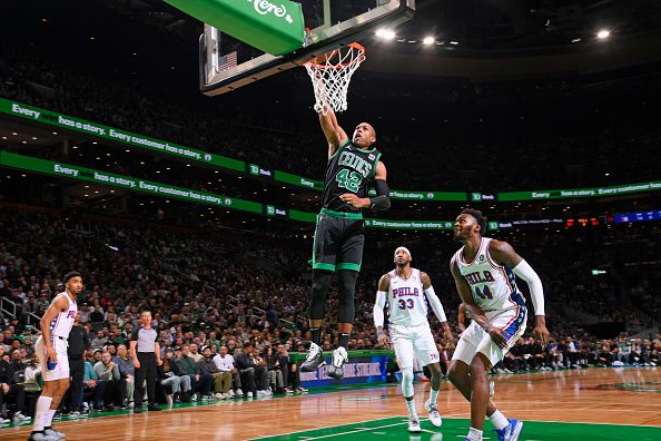 BOSTON, MA - DECEMBER 1: Al Horford #42 of the Boston Celtics dunks the ball during the game against the Philadelphia 76ers on December 1, 2023 at the TD Garden in Boston, Massachusetts. NOTE TO USER: User expressly acknowledges and agrees that, by downloading and or using this photograph, User is consenting to the terms and conditions of the Getty Images License Agreement. Mandatory Copyright Notice: Copyright 2023 NBAE  (Photo by Brian Babineau/NBAE via Getty Images)