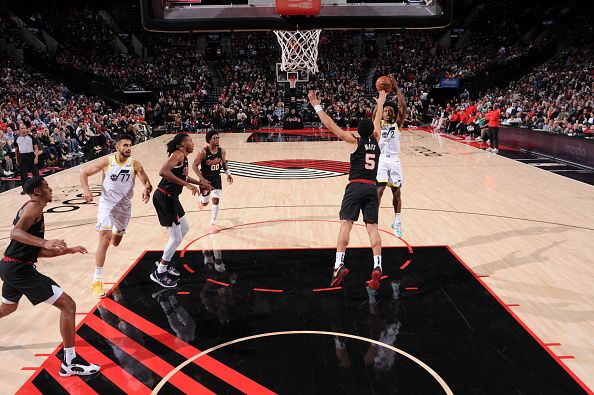 PORTLAND, OR - DECEMBER 14:  Colin Sexton #2 of the Utah Jazz shoots the ball during the game  on December 14, 2023 at the Moda Center Arena in Portland, Oregon. NOTE TO USER: User expressly acknowledges and agrees that, by downloading and or using this photograph, user is consenting to the terms and conditions of the Getty Images License Agreement. Mandatory Copyright Notice: Copyright 2023 NBAE (Photo by Cameron Browne/NBAE via Getty Images)