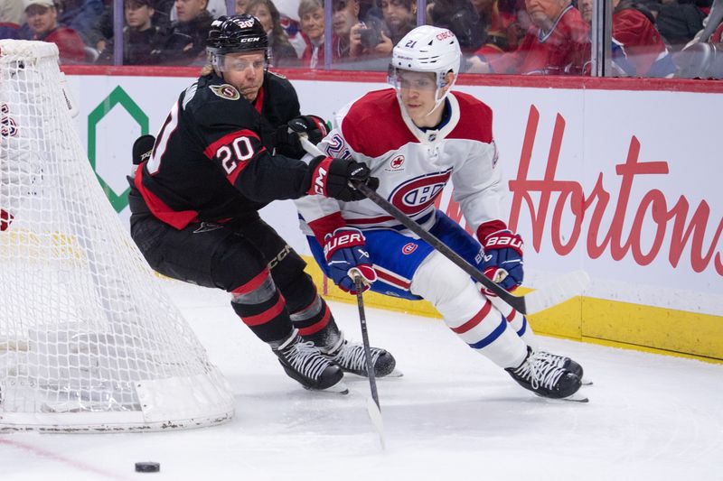 Jan 17, 2026; Ottawa, Ontario, CAN; Ottawa Senators left wing Fabian Zetterlund (20) and Montreal Canadiens defenseman Kaiden Guhle (21) chase the puck in the first period at the Canadian Tire Centre. Mandatory Credit: Marc DesRosiers-IMAGN Images