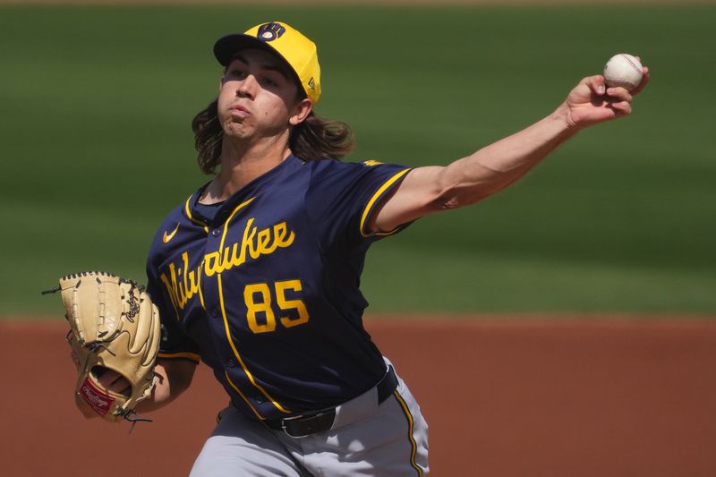 Mar 14, 2024; Peoria, Arizona, USA; Milwaukee Brewers starting pitcher Robert Gasser pitches against the Seattle Mariners during the first inning at Peoria Sports Complex. Mandatory Credit: Joe Camporeale-USA TODAY Sports