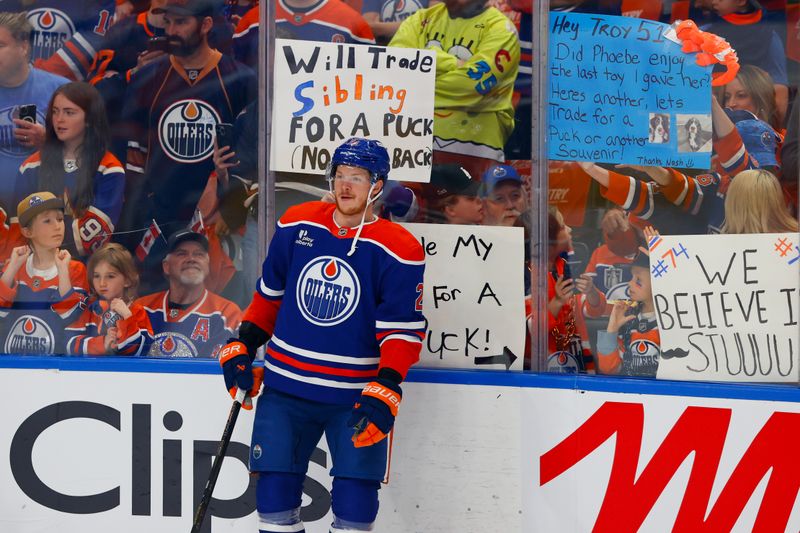 May 25, 2025; Edmonton, Alberta, CAN; Edmonton Oilers center Trent Frederic (21) skates in warmups before the game between the Dallas Stars and the Oilers in game three of the Western Conference Final of the 2025 Stanley Cup Playoffs at Rogers Place. Mandatory Credit: Perry Nelson-Imagn Images