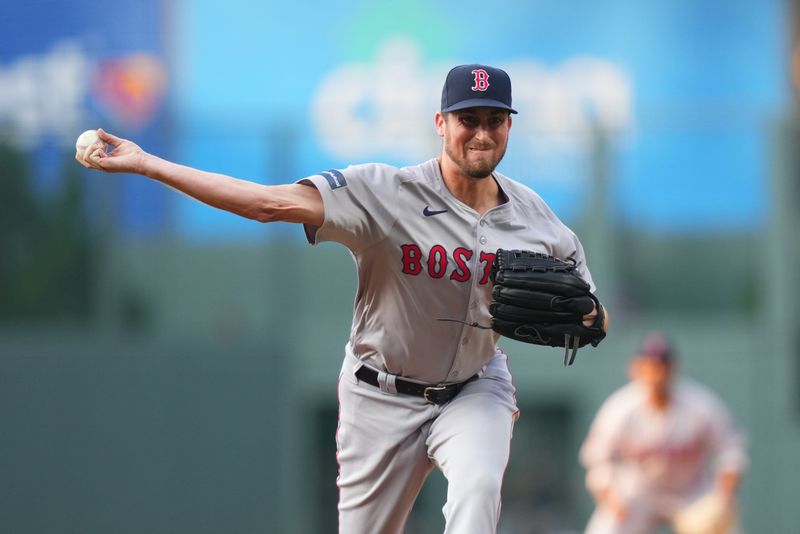 Jul 23, 2024; Denver, Colorado, USA; Boston Red Sox starting pitcher Cooper Criswell (64) delivers a pitch in the first inning against the Colorado Rockies at Coors Field. Mandatory Credit: Ron Chenoy-USA TODAY Sports