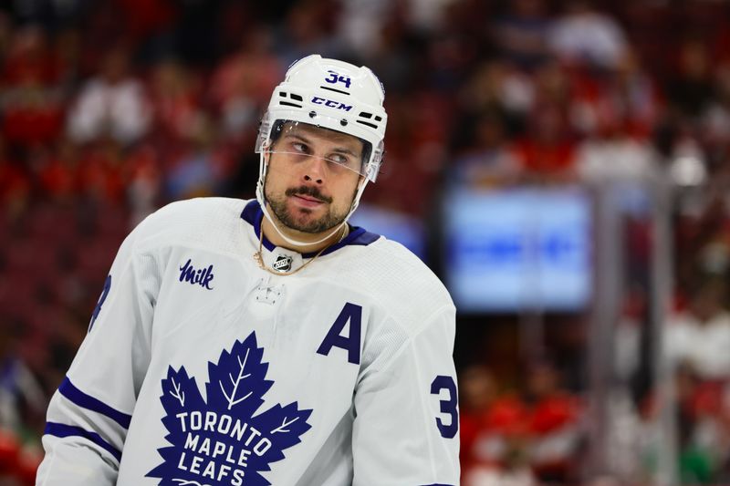 Apr 16, 2024; Sunrise, Florida, USA; Toronto Maple Leafs center Auston Matthews (34) looks on against the Florida Panthers during the third period at Amerant Bank Arena. Mandatory Credit: Sam Navarro-USA TODAY Sports