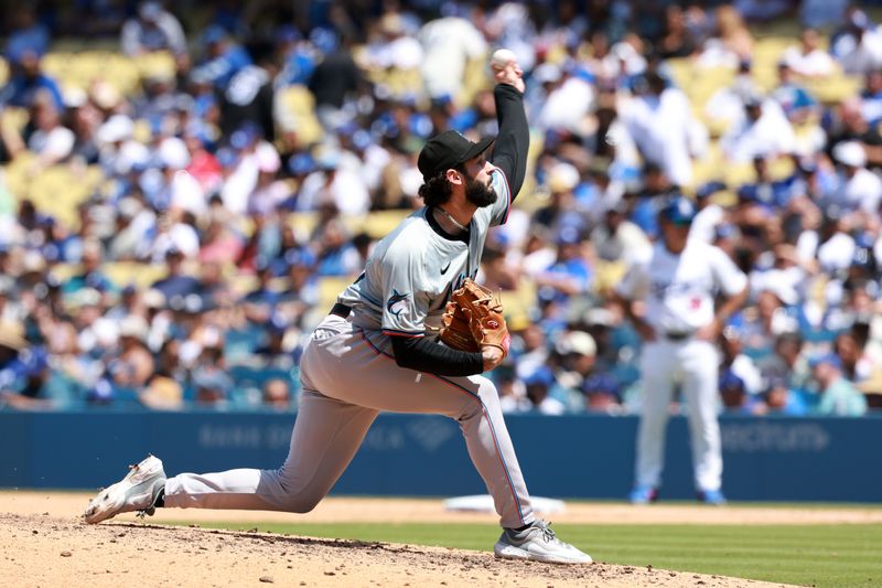 May 8, 2024; Los Angeles, California, USA;  Miami Marlins pitcher Andrew Nardi (43) pitches during the eighth inning against the Los Angeles Dodgers at Dodger Stadium. Mandatory Credit: Kiyoshi Mio-USA TODAY Sports