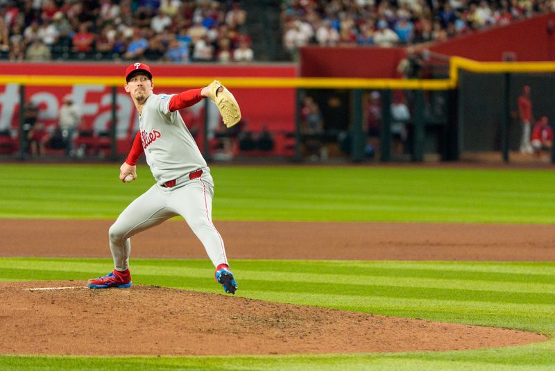 Sep 19, 2025; Phoenix, Arizona, USA;  Philadelphia Phillies infielder Bryson Stott (5) runs in to make the out to end the eighth inning against the Arizona Diamondbacks at Chase Field. Mandatory Credit: Allan Henry-Imagn Images