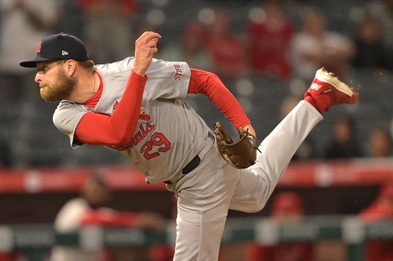 May 13, 2024; Anaheim, California, USA;   St. Louis Cardinals relief pitcher Nick Robertson (29) throws a scoreless ninth inning against the Los Angeles Angels at Angel Stadium. Mandatory Credit: Jayne Kamin-Oncea-USA TODAY Sports