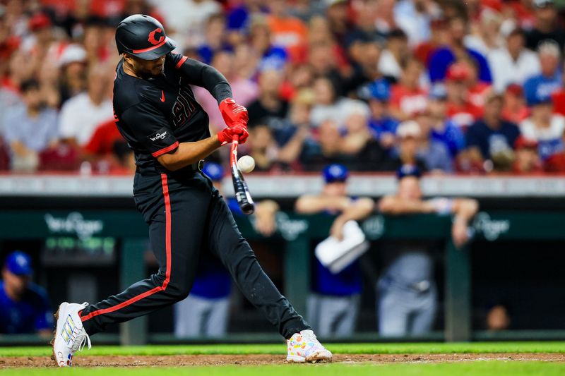 Aug 16, 2024; Cincinnati, Ohio, USA; Cincinnati Reds designated hitter Jeimer Candelario (3) breaks his bat on a play in the seventh inning against the Kansas City Royals at Great American Ball Park. Mandatory Credit: Katie Stratman-USA TODAY Sports