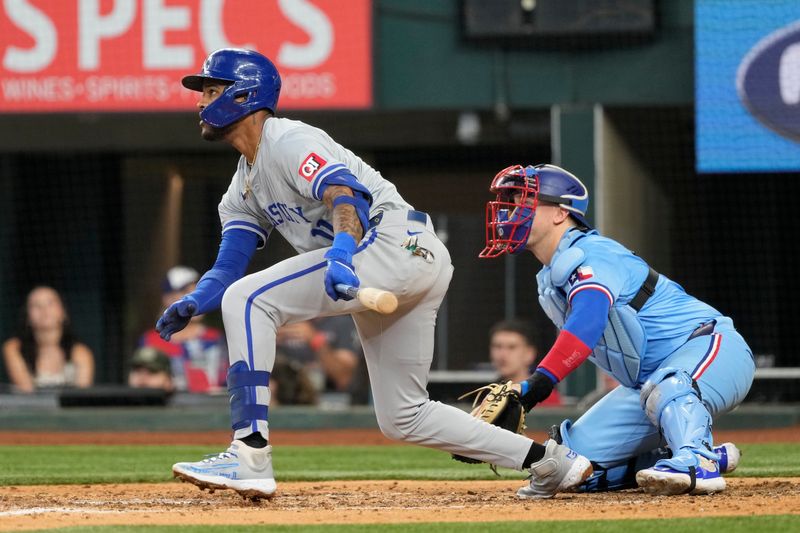 Jun 23, 2024; Arlington, Texas, USA; Kansas City Royals third baseman Maikel Garcia (11) follows through on his single against the Texas Rangers during the sixth inning at Globe Life Field. Mandatory Credit: Jim Cowsert-USA TODAY Sports