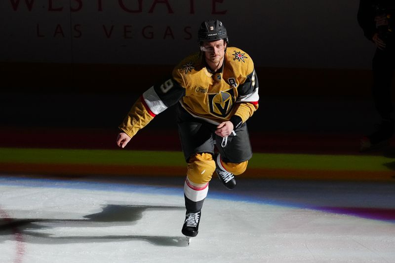 Oct 18, 2025; Las Vegas, Nevada, USA; Vegas Golden Knights center Jack Eichel (9) was named Third Star of the Game after the Golden Knights defeated the Calgary Flames 6-1 at T-Mobile Arena. Mandatory Credit: Stephen R. Sylvanie-Imagn Images
