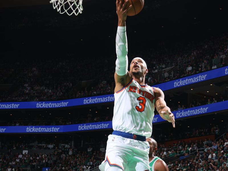 BOSTON, MA - OCTOBER 22: Josh Hart #3 of the New York Knicks drives to the basket during the game against the Boston Celtics on October 22, 2024 at TD Garden in Boston, Massachusetts. NOTE TO USER: User expressly acknowledges and agrees that, by downloading and or using this Photograph, user is consenting to the terms and conditions of the Getty Images License Agreement. Mandatory Copyright Notice: Copyright 2024 NBAE (Photo by Nathaniel S. Butler/NBAE via Getty Images)