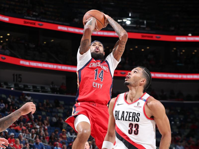 CHICAGO, IL - NOVEMBER 4: Brandon Ingram #14 of the New Orleans Pelicans shoots the ball during the game against the Portland Trail Blazers on November 4, 2024 at Smoothie King Center in New Orleans, Louisiana. NOTE TO USER: User expressly acknowledges and agrees that, by downloading and or using this photograph, User is consenting to the terms and conditions of the Getty Images License Agreement. Mandatory Copyright Notice: Copyright 2024 NBAE (Photo by Jeff Haynes/NBAE via Getty Images)