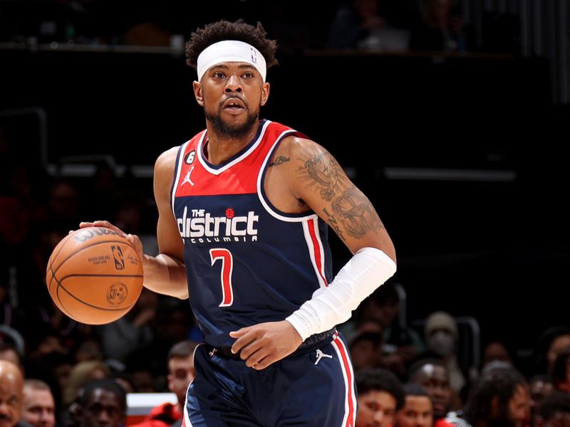 WASHINGTON, DC -? APRIL 9: Jordan Goodwin #7 of the Washington Wizards handles the ball during the game against the Houston Rockets on April 9, 2023 at Capital One Arena in Washington, DC. NOTE TO USER: User expressly acknowledges and agrees that, by downloading and or using this Photograph, user is consenting to the terms and conditions of the Getty Images License Agreement. Mandatory Copyright Notice: Copyright 2023 NBAE (Photo by Stephen Gosling/NBAE via Getty Images)