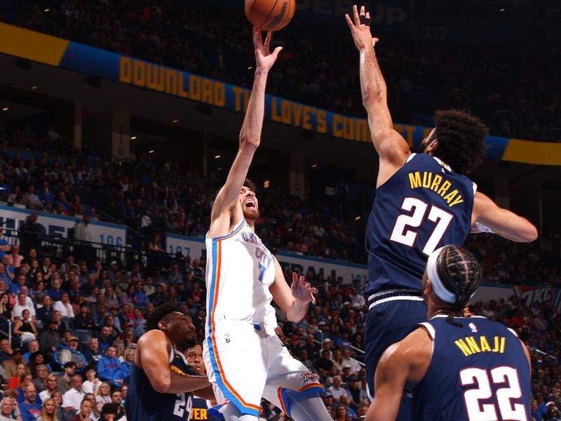 OKLAHOMA CITY, OK - MARCH 10: Chet Holmgren #7 of the Oklahoma City Thunder shoots the ball during the game against the Denver Nuggets on March 10, 2025 at Paycom Center in Oklahoma City, Oklahoma. NOTE TO USER: User expressly acknowledges and agrees that, by downloading and or using this photograph, User is consenting to the terms and conditions of the Getty Images License Agreement. Mandatory Copyright Notice: Copyright 2025 NBAE(Photo by Zach Beeker/NBAE via Getty Images)