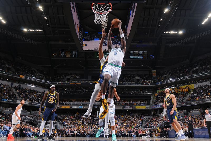 INDIANAPOLIS, IN - MARCH 7: Anthony Edwards #5 of the Minnesota Timberwolves shoots the ball during the game against the Indiana Pacers on March 7, 2024 at Gainbridge Fieldhouse in Indianapolis, Indiana. NOTE TO USER: User expressly acknowledges and agrees that, by downloading and or using this Photograph, user is consenting to the terms and conditions of the Getty Images License Agreement. Mandatory Copyright Notice: Copyright 2024 NBAE (Photo by Ron Hoskins/NBAE via Getty Images)