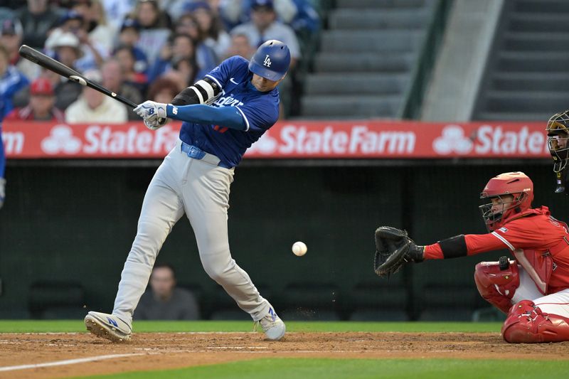 Mar 26, 2024; Anaheim, California, USA; Los Angeles Dodgers designated hitter Shohei Ohtani (17) strikes out in the third inning against the Los Angeles Angels at Angel Stadium. Mandatory Credit: Jayne Kamin-Oncea-USA TODAY Sports