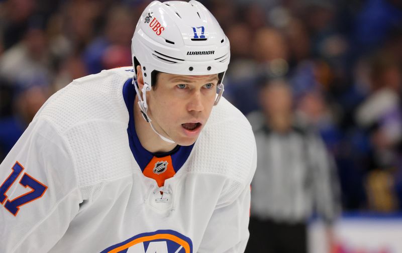 Mar 14, 2024; Buffalo, New York, USA;  New York Islanders left wing Matt Martin (17) waits for the faceoff during the first period against the Buffalo Sabres at KeyBank Center. Mandatory Credit: Timothy T. Ludwig-USA TODAY Sports