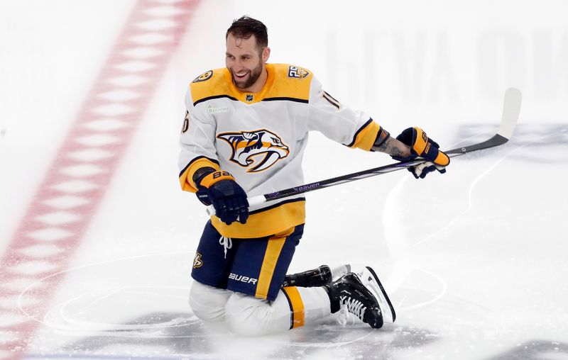 Apr 15, 2024; Pittsburgh, Pennsylvania, USA; Nashville Predators left wing Jason Zucker (16) warms up before the game against he Pittsburgh Penguins at PPG Paints Arena. Mandatory Credit: Charles LeClaire-USA TODAY Sports