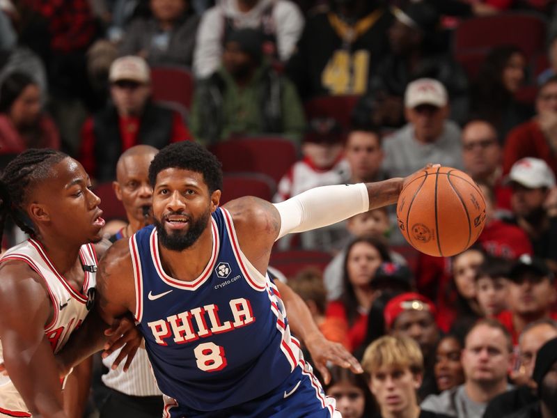 CHICAGO, IL - DECEMBER 8: Paul George #8 of the Philadelphia 76ers dribbles the ball during the game against the Chicago Bulls on December 8, 2024 at United Center in Chicago, Illinois. NOTE TO USER: User expressly acknowledges and agrees that, by downloading and or using this photograph, User is consenting to the terms and conditions of the Getty Images License Agreement. Mandatory Copyright Notice: Copyright 2024 NBAE (Photo by Gary Dineen/NBAE via Getty Images)