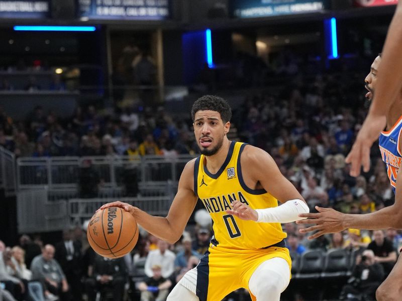 INDIANAPOLIS, IN - NOVEMBER 10: Tyrese Haliburton #0 of the Indiana Pacers dribbles the ball during the game against the New York Knicks on November 10, 2024 at Gainbridge Fieldhouse in Indianapolis, Indiana. NOTE TO USER: User expressly acknowledges and agrees that, by downloading and or using this Photograph, user is consenting to the terms and conditions of the Getty Images License Agreement. Mandatory Copyright Notice: Copyright 2024 NBAE (Photo by A.J. Mast/NBAE via Getty Images)