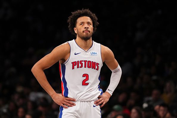 NEW YORK, NEW YORK - DECEMBER 23: Cade Cunningham #2 of the Detroit Pistons looks on against the Brooklyn Nets in the second half at Barclays Center on December 23, 2023 in the Brooklyn borough of New York City. The Nets defeated the Pistons 126-115. NOTE TO USER: User expressly acknowledges and agrees that, by downloading and or using this photograph, User is consenting to the terms and conditions of the Getty Images License Agreement. (Photo by Mitchell Leff/Getty Images)