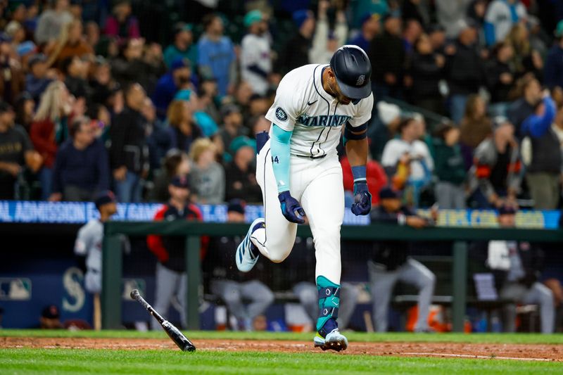 Apr 2, 2024; Seattle, Washington, USA; Seattle Mariners center fielder Julio Rodriguez (44) reacts after flying out to end the seventh inning against the Cleveland Guardians at T-Mobile Park. Mandatory Credit: Joe Nicholson-USA TODAY Sports