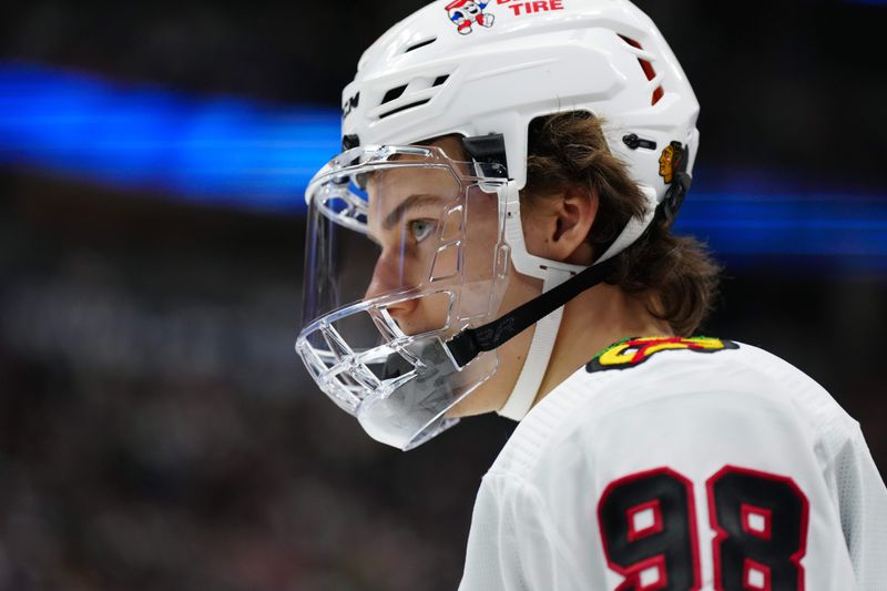 Mar 4, 2024; Denver, Colorado, USA; Chicago Blackhawks center Connor Bedard (98) during the third period against the Colorado Avalanche at Ball Arena. Mandatory Credit: Ron Chenoy-USA TODAY Sports