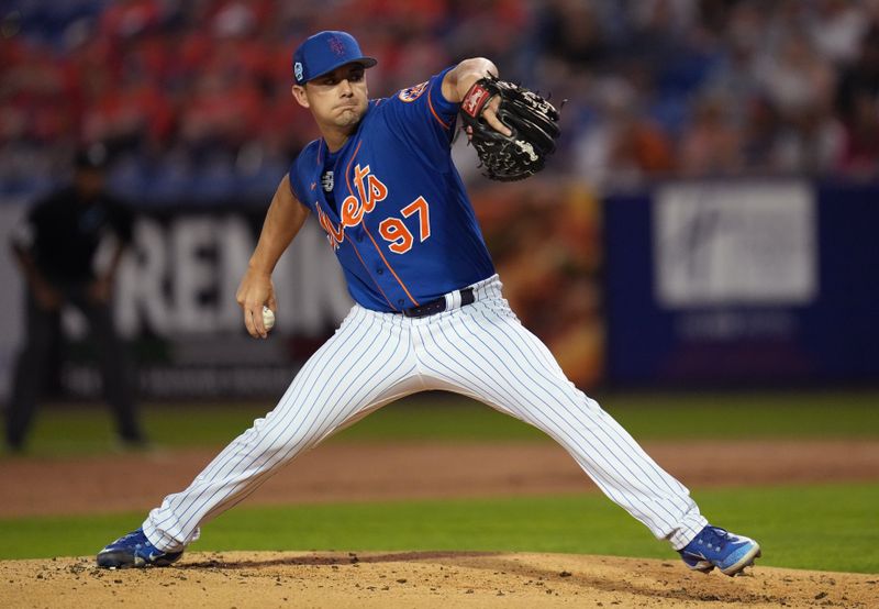 Feb 25, 2023; Port St. Lucie, Florida, USA;  New York Mets pitcher Hunter Parsons (97) pitches against the Miami Marlins in the second inning Clover Park. Mandatory Credit: Jim Rassol-USA TODAY Sports