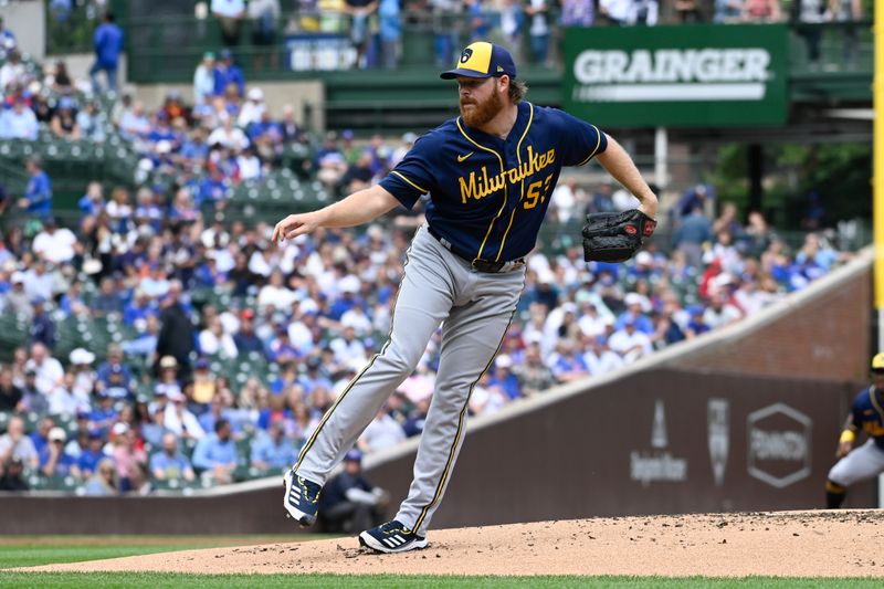 Aug 30, 2023; Chicago, Illinois, USA;  Milwaukee Brewers starting pitcher Brandon Woodruff (53) delivers a pitch against the Chicago Cubs during the first inning at Wrigley Field. Mandatory Credit: Matt Marton-USA TODAY Sports