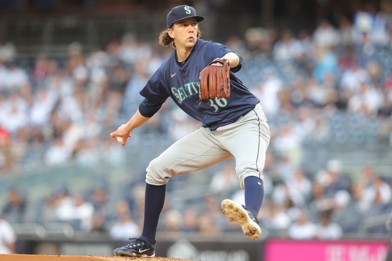 May 20, 2024; Bronx, New York, USA; Seattle Mariners starting pitcher Logan Gilbert (36) pitches against the New York Yankees during the first inning at Yankee Stadium. Mandatory Credit: Brad Penner-USA TODAY Sports