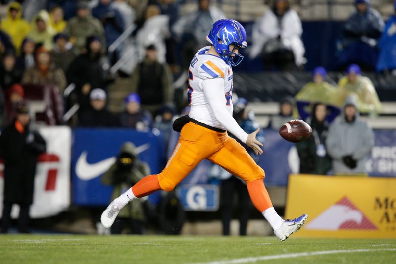 Oct 19, 2019; Provo, UT, USA; Boise State Broncos punter Joel Velazquez punts against the BYU Cougars in the third quarter at LaVell Edwards Stadium. Mandatory Credit: Gabe Mayberry-USA TODAY Sports