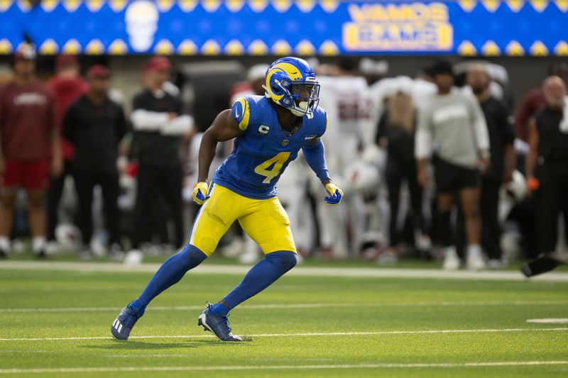 Los Angeles Rams safety Jordan Fuller (4) takes his stance during an NFL football game against the Arizona Cardinals, Sunday, Oct. 15, 2023, in Inglewood, Calif. (AP Photo/Kyusung Gong)