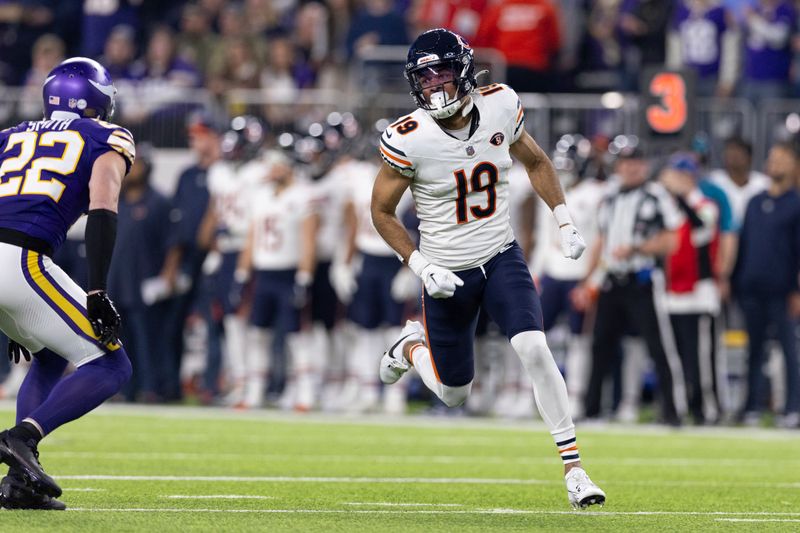 Chicago Bears wide receiver Equanimeous St. Brown (19) runs a route during the first half of an NFL football game against the Minnesota Vikings, Monday, Nov. 27, 2023 in Minneapolis. Chicago won 12-10. (AP Photo/Stacy Bengs)