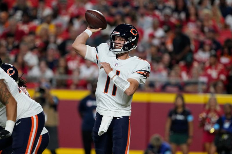 Chicago Bears quarterback Brett Rypien throws during the first half of an NFL preseason football game against the Kansas City Chiefs Thursday, Aug. 22, 2024, in Kansas City, Mo. (AP Photo/Ed Zurga)