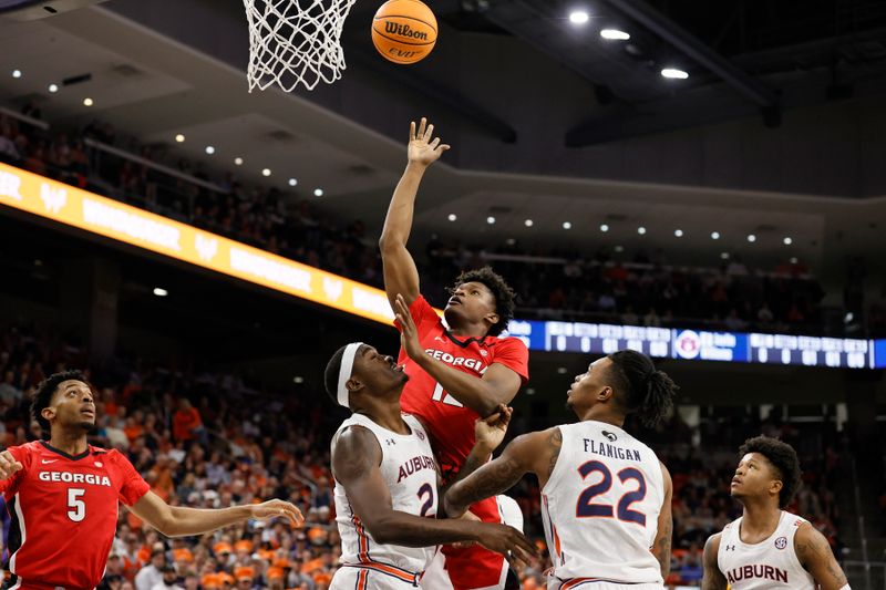 Feb 1, 2023; Auburn, Alabama, USA;  Georgia Bulldogs forward Matthew-Alexander Moncrieffe (12) goes up for a shot after grabbing the rebound against the Auburn Tigers during the first half at Neville Arena. Mandatory Credit: John Reed-USA TODAY Sports