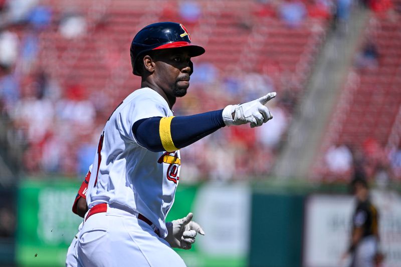 Sep 3, 2023; St. Louis, Missouri, USA;  St. Louis Cardinals right fielder Jordan Walker (18) reacts after hitting a solo home run against the Pittsburgh Pirates during the third inning at Busch Stadium. Mandatory Credit: Jeff Curry-USA TODAY Sports