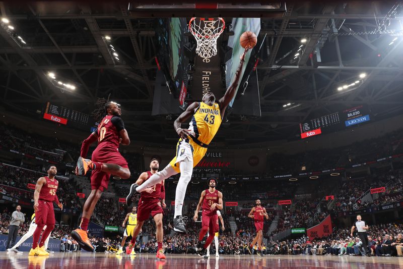 CLEVELAND, OH - APRIL 12: Pascal Siakam #43 of the Indiana Pacers drives to the basket during the game against the Cleveland Cavaliers on April 12, 2024 at Rocket Mortgage FieldHouse in Cleveland, Ohio. NOTE TO USER: User expressly acknowledges and agrees that, by downloading and/or using this Photograph, user is consenting to the terms and conditions of the Getty Images License Agreement. Mandatory Copyright Notice: Copyright 2024 NBAE (Photo by Jeff Haynes/NBAE via Getty Images)