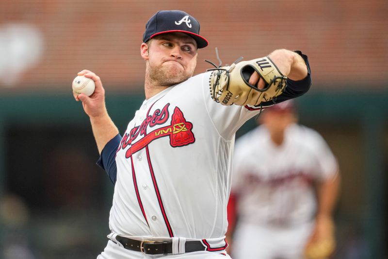 Aug 15, 2023; Cumberland, Georgia, USA; Atlanta Braves starting pitcher Bryce Elder (55) pitches against the New York Yankees during the first inning at Truist Park. Mandatory Credit: Dale Zanine-USA TODAY Sports