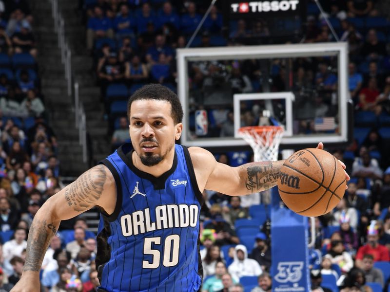 ORLANDO, FL - FEBRUARY 27: Cole Anthony #50 of the Orlando Magic dribbles the ball during the game against the Brooklyn Nets on February 27, 2024 at the Kia Center in Orlando, Florida. NOTE TO USER: User expressly acknowledges and agrees that, by downloading and or using this photograph, User is consenting to the terms and conditions of the Getty Images License Agreement. Mandatory Copyright Notice: Copyright 2024 NBAE (Photo by Fernando Medina/NBAE via Getty Images)