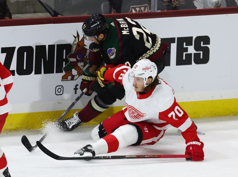 Jan 17, 2023; Tempe, Arizona, USA; Arizona Coyotes center Jack McBain (22) is checked into the boards by Detroit Red Wings center Oskar Sundqvist (70) in the second period at Mullett Arena. Mandatory Credit: Mark J. Rebilas-USA TODAY Sports