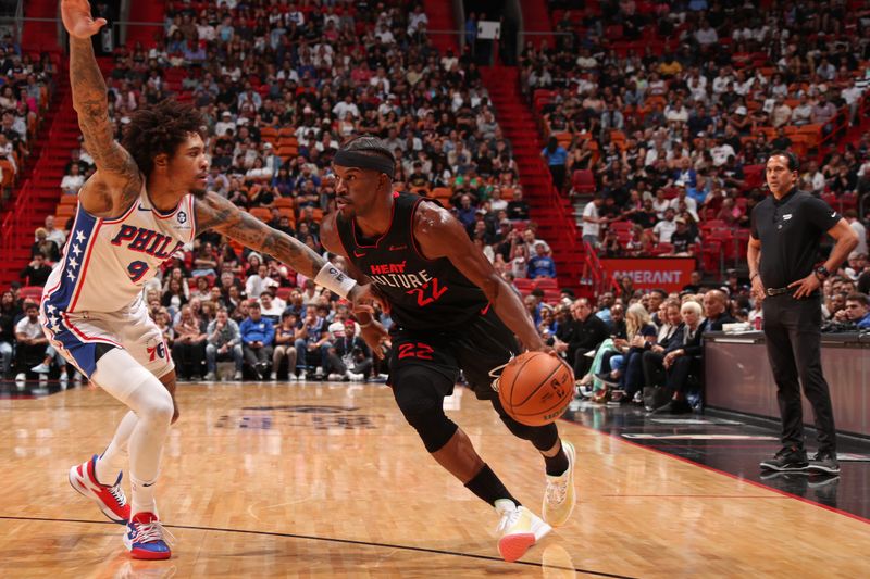 MIAMI, FL - APRIL 4: Jimmy Butler #22 of the Miami Heat handles the ball during the game against the Philadelphia 76ers on April 4, 2024 at Kaseya Center in Miami, Florida. NOTE TO USER: User expressly acknowledges and agrees that, by downloading and or using this Photograph, user is consenting to the terms and conditions of the Getty Images License Agreement. Mandatory Copyright Notice: Copyright 2024 NBAE (Photo by Issac Baldizon/NBAE via Getty Images)